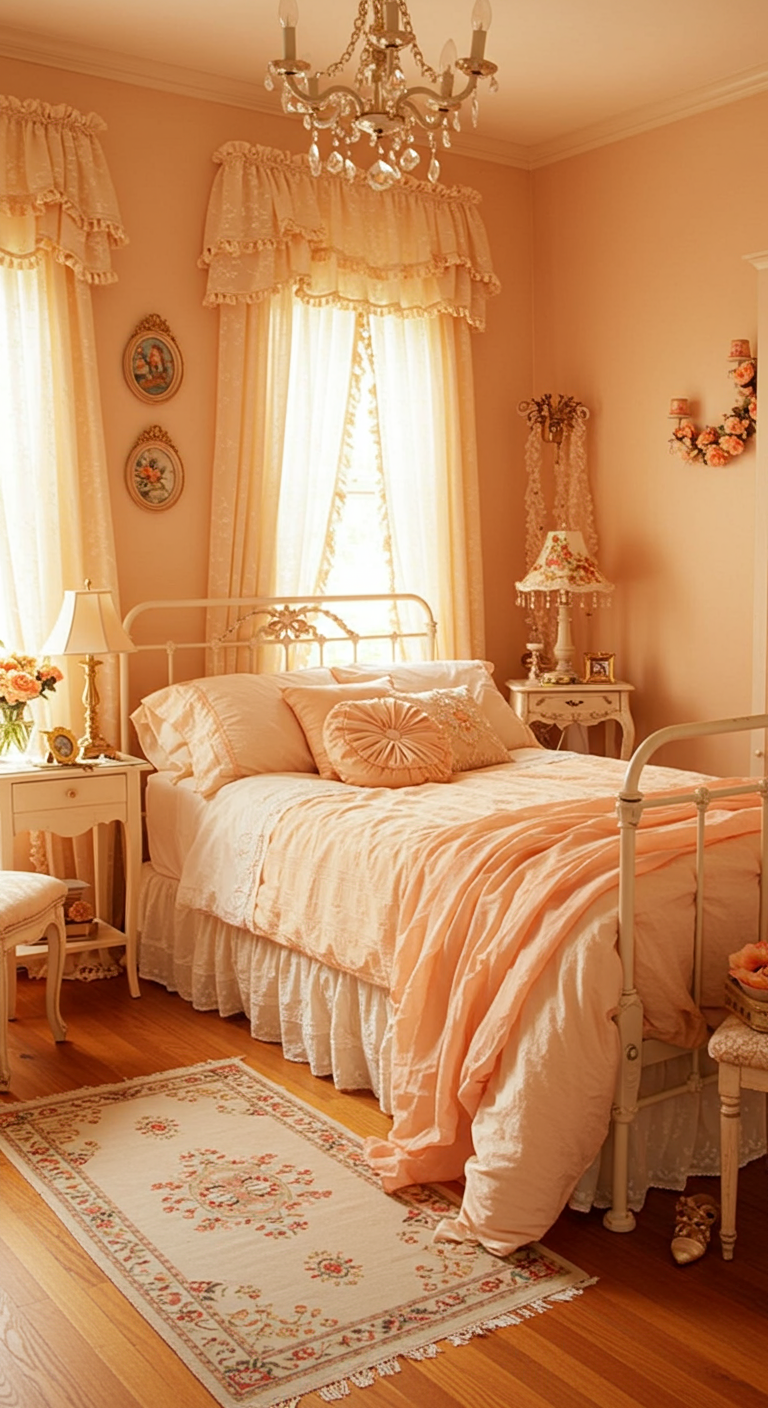 Romantische perzikkleurige slaapkamer met vintage bed, kanten gordijnen en kroonluchter.