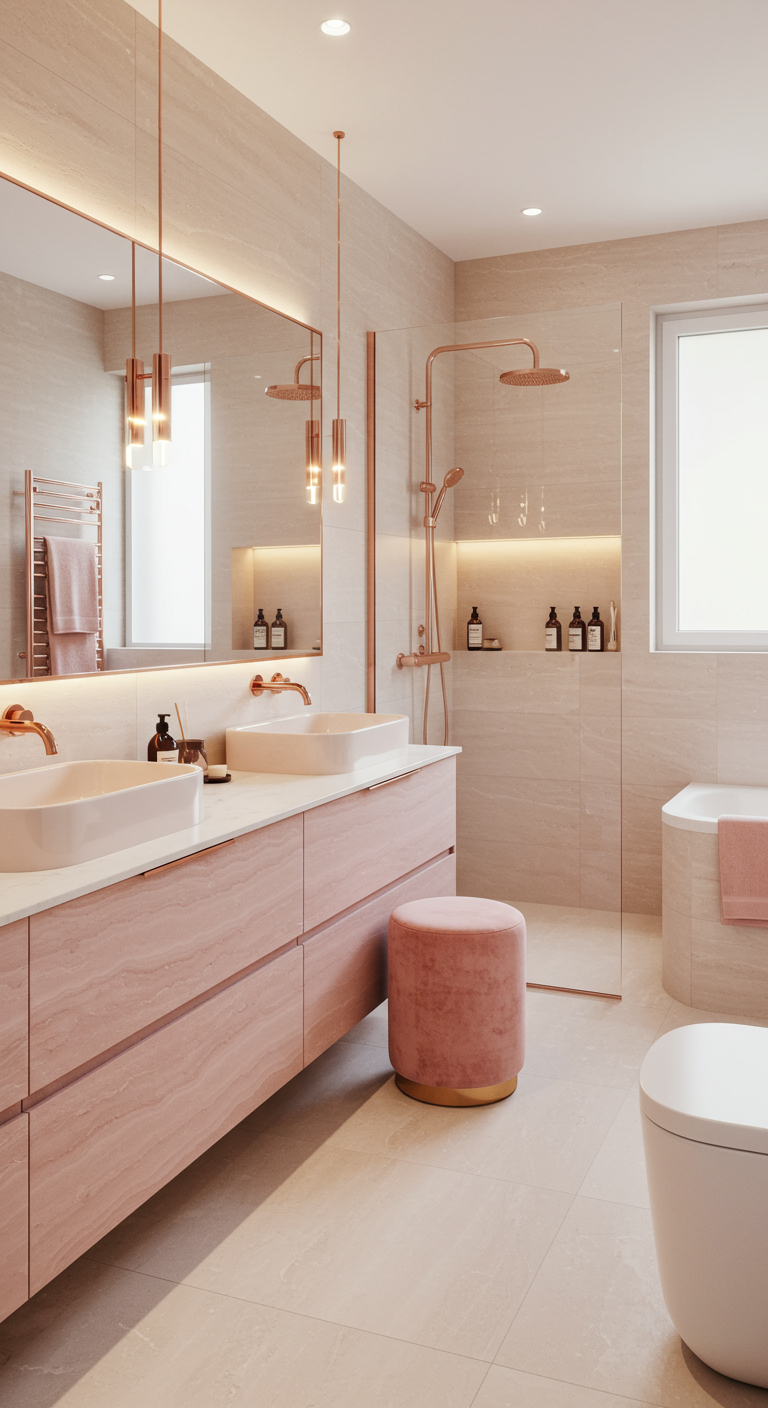 Moderne badkamer met zachtroze natuursteen, roségouden kranen en een roze fluwelen poef.