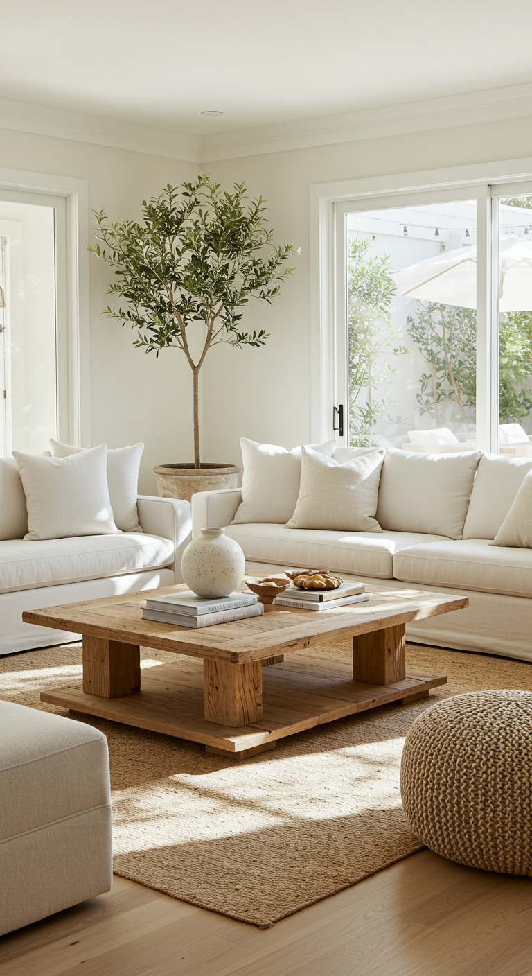 Lichte woonkamer met witte muren en bank, grote houten salontafel en olijfboom.