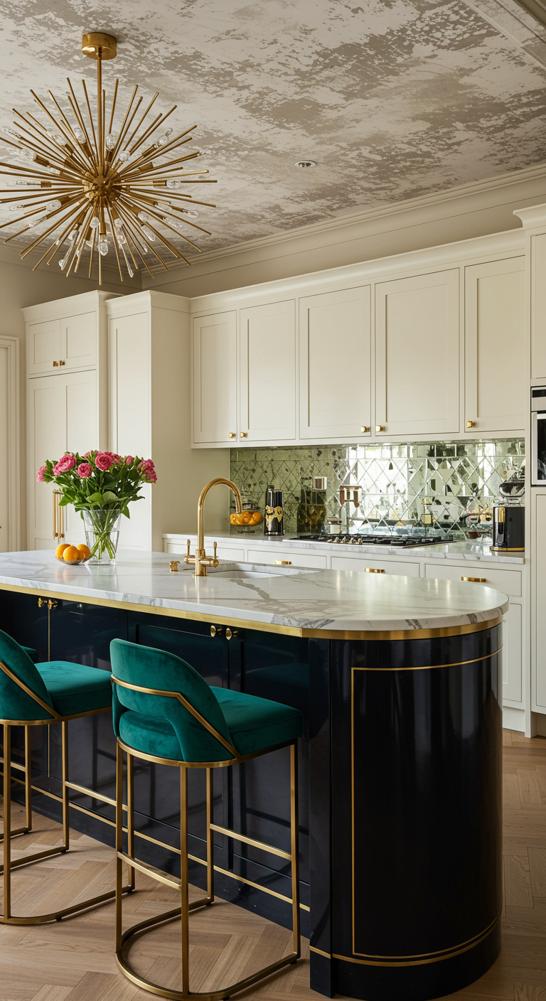Art Deco kookeiland in diepblauw met gouden details en groene velours krukken.