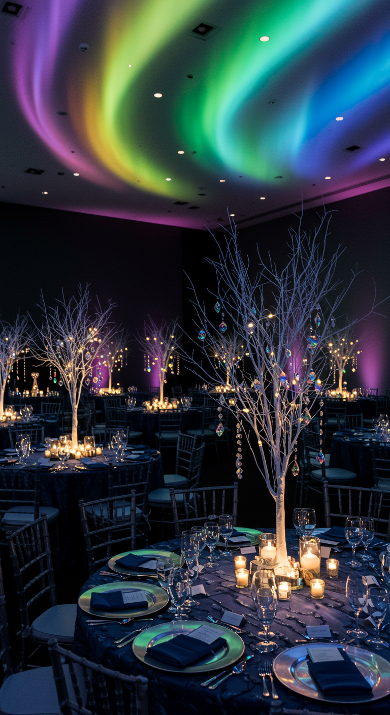 Donkere feestzaal met een dynamisch, golvend regenboog aurora-effect geprojecteerd op het plafond.