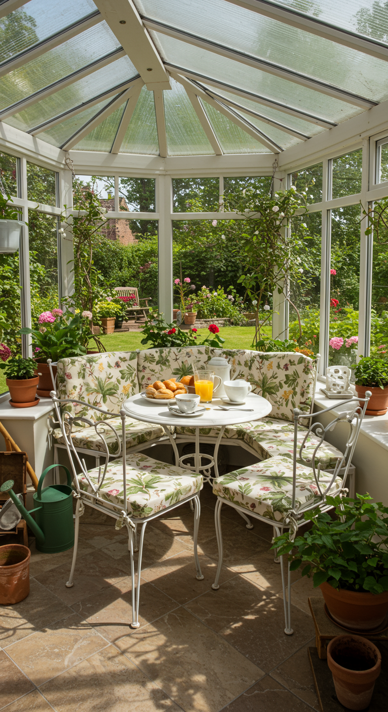 Lichte serre eethoek met wit smeedijzeren meubels met bloemenprint kussens en veel planten.