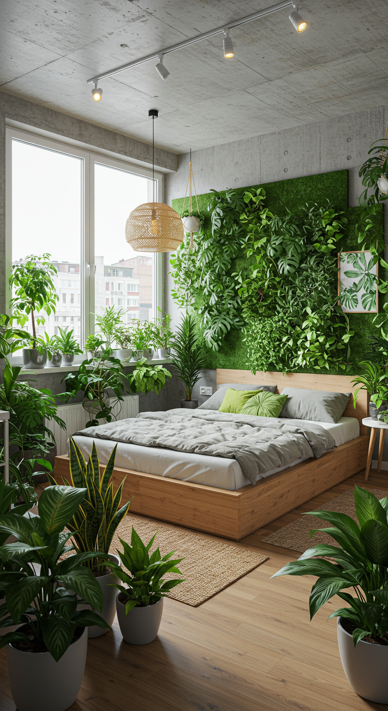 Slaapkamer met groene plantenmuur, houten bed en veel kamerplanten.