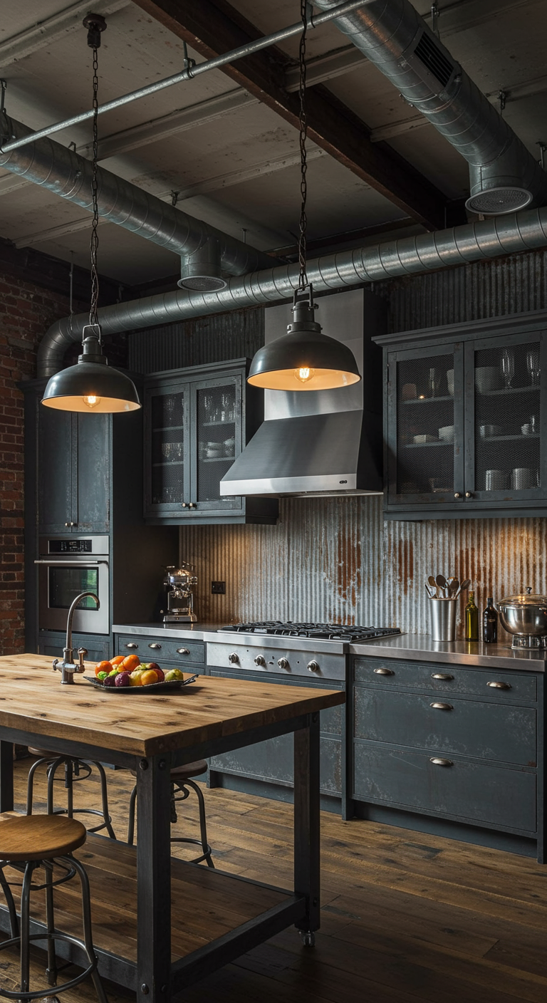 Industriële keuken met donkergrijze kasten en een achterwand van gegolfd metaal.
