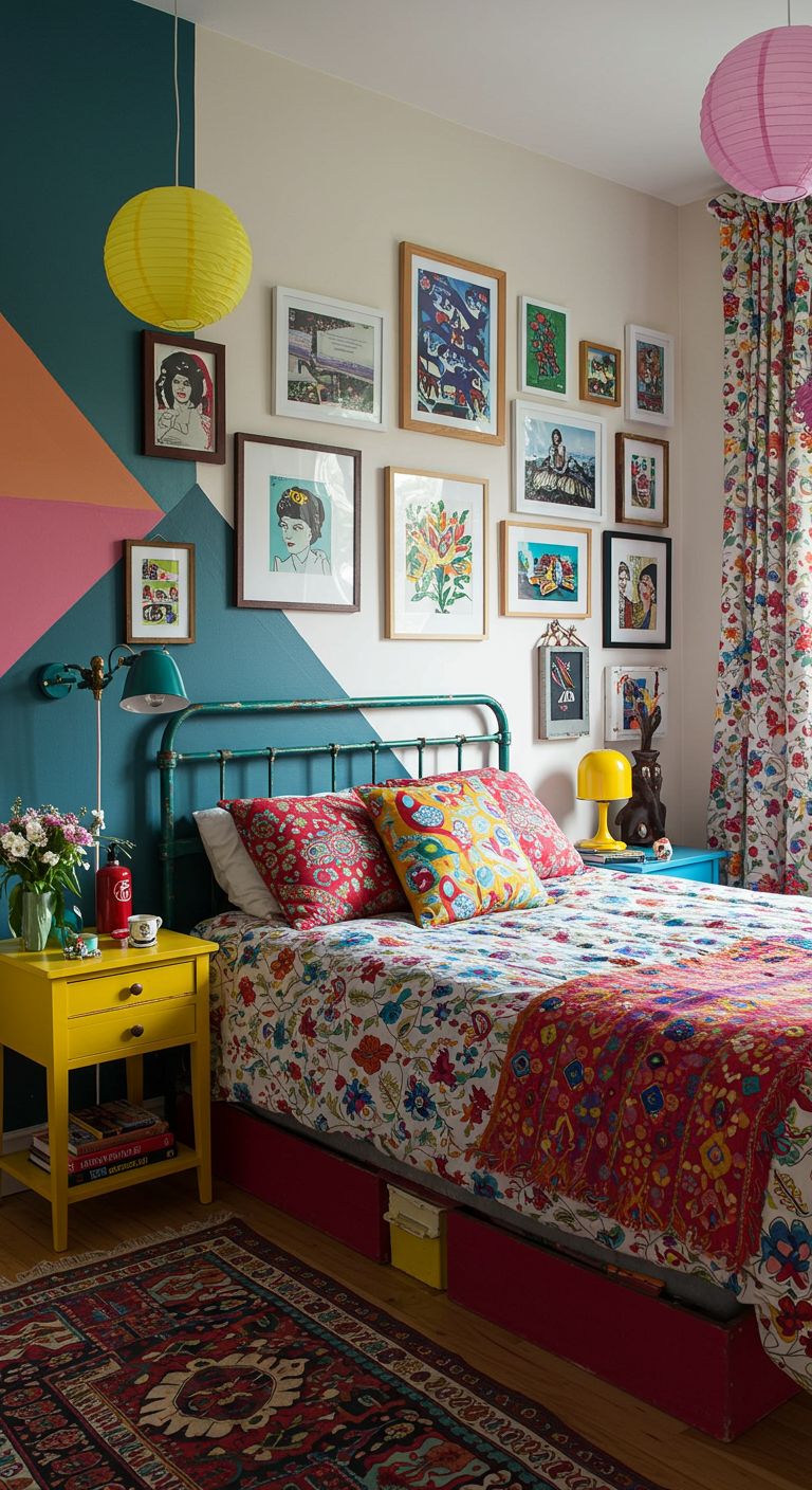 Kleurrijke eclectische slaapkamer met gallery wall en grafische muurschildering.