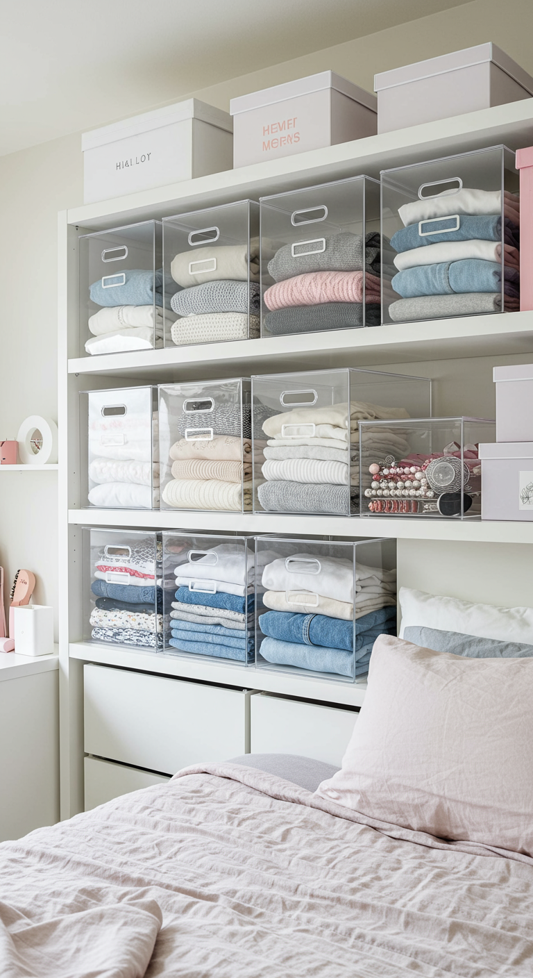 Nette stapels kleding in transparante opbergbakken op witte planken boven een bed.