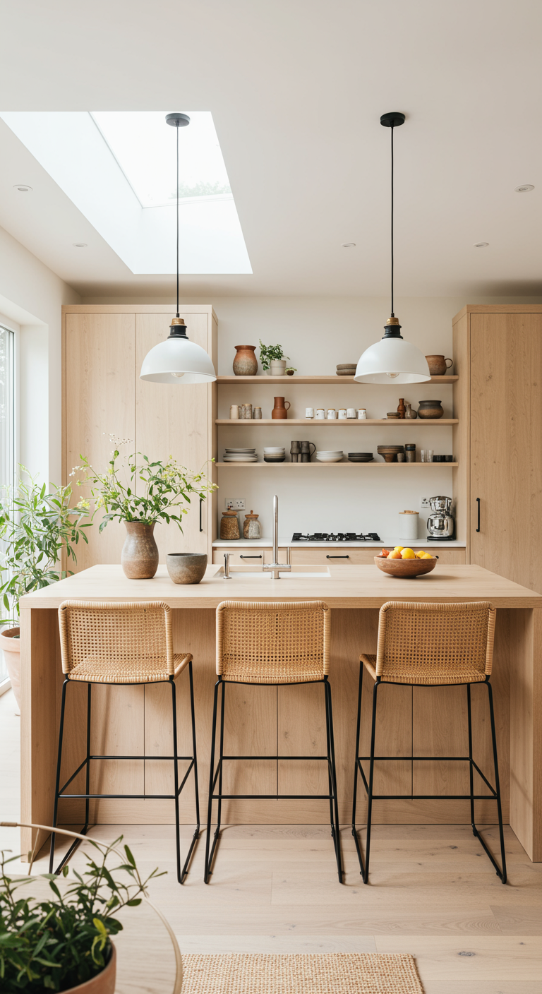 Lichte keuken met houten eiland en barkrukken met geweven zitting en zwart metalen frame.
