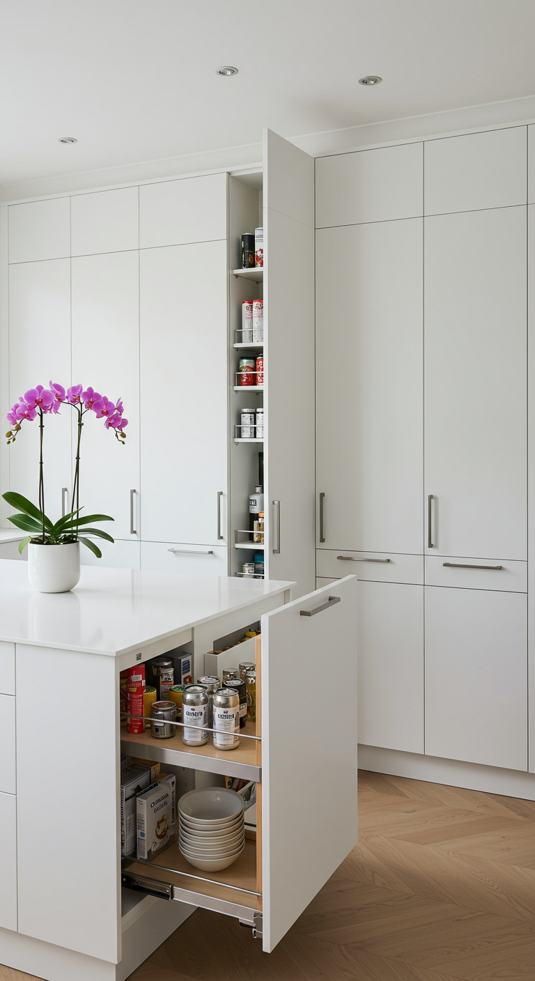 Witte keuken met open apothekerskast en uitgeschoven lade in kookeiland.