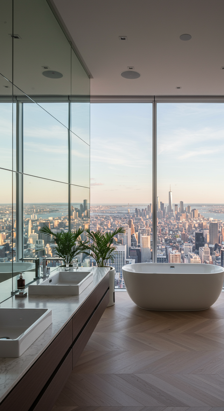 Moderne badkamer op hoge verdieping met een volledige spiegelwand die het uitzicht op de stad reflecteert.