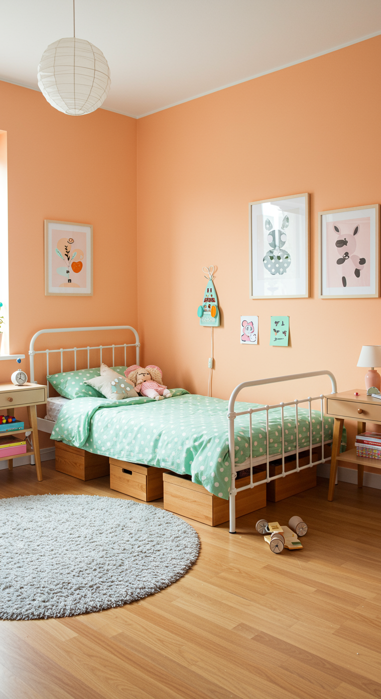 Kinderkamer met perzikkleurige muren, wit bed met mintgroen gestippeld beddengoed.