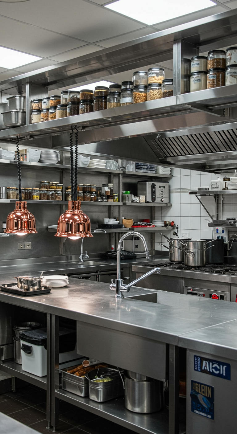 Professionele roestvrijstalen keuken met open RVS wandplanken vol potten, pannen en voorraad.