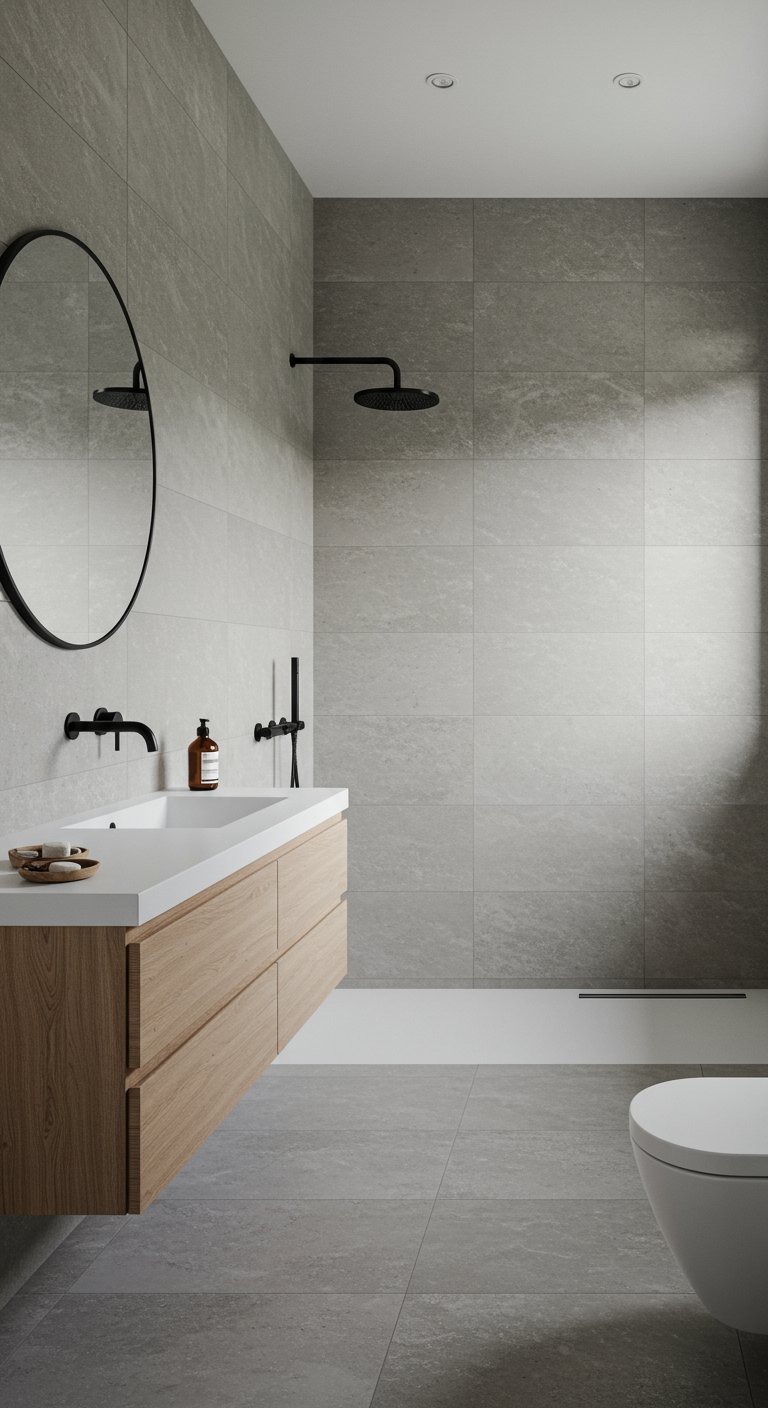 Minimalistische badkamer met lichtgrijze natuursteenlook tegels, houten meubel en ronde spiegel.