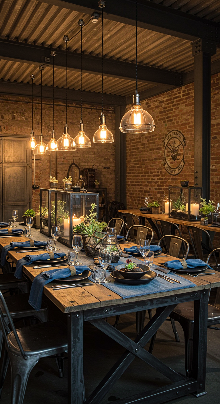 Industrieel gedekte tafel met blauwe servetten en metalen stoelen.