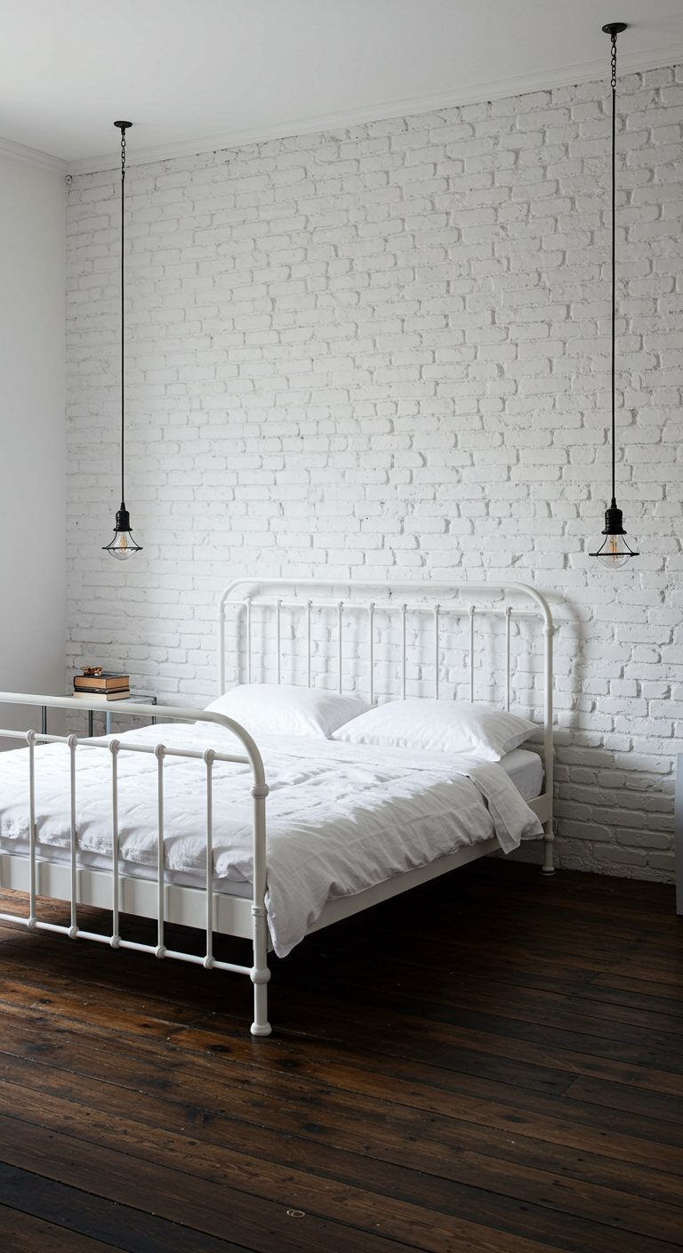 Witte slaapkamer met witgeschilderde bakstenen muur en industriële hanglampen.