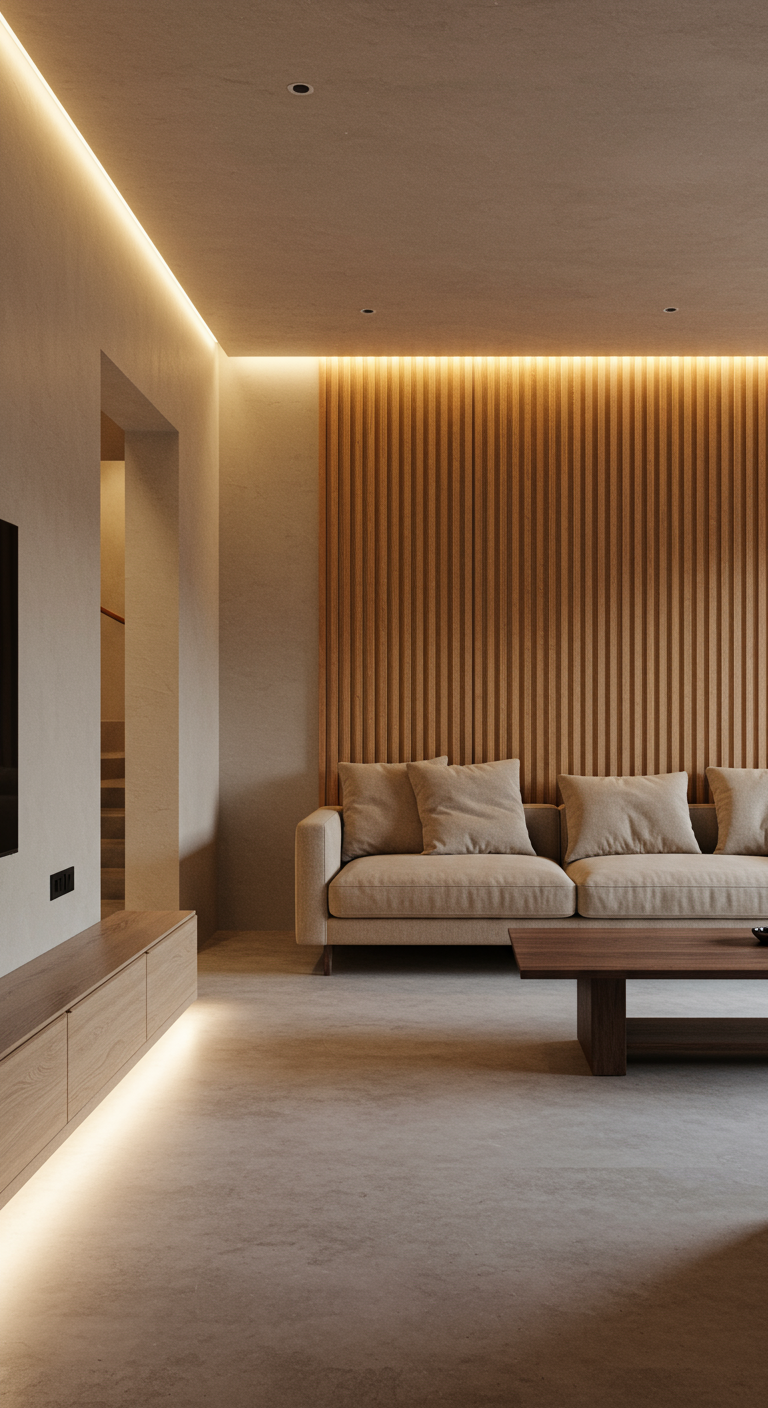 Moderne woonkamer met houten lattenwand, indirecte LED-verlichting en beige bank.