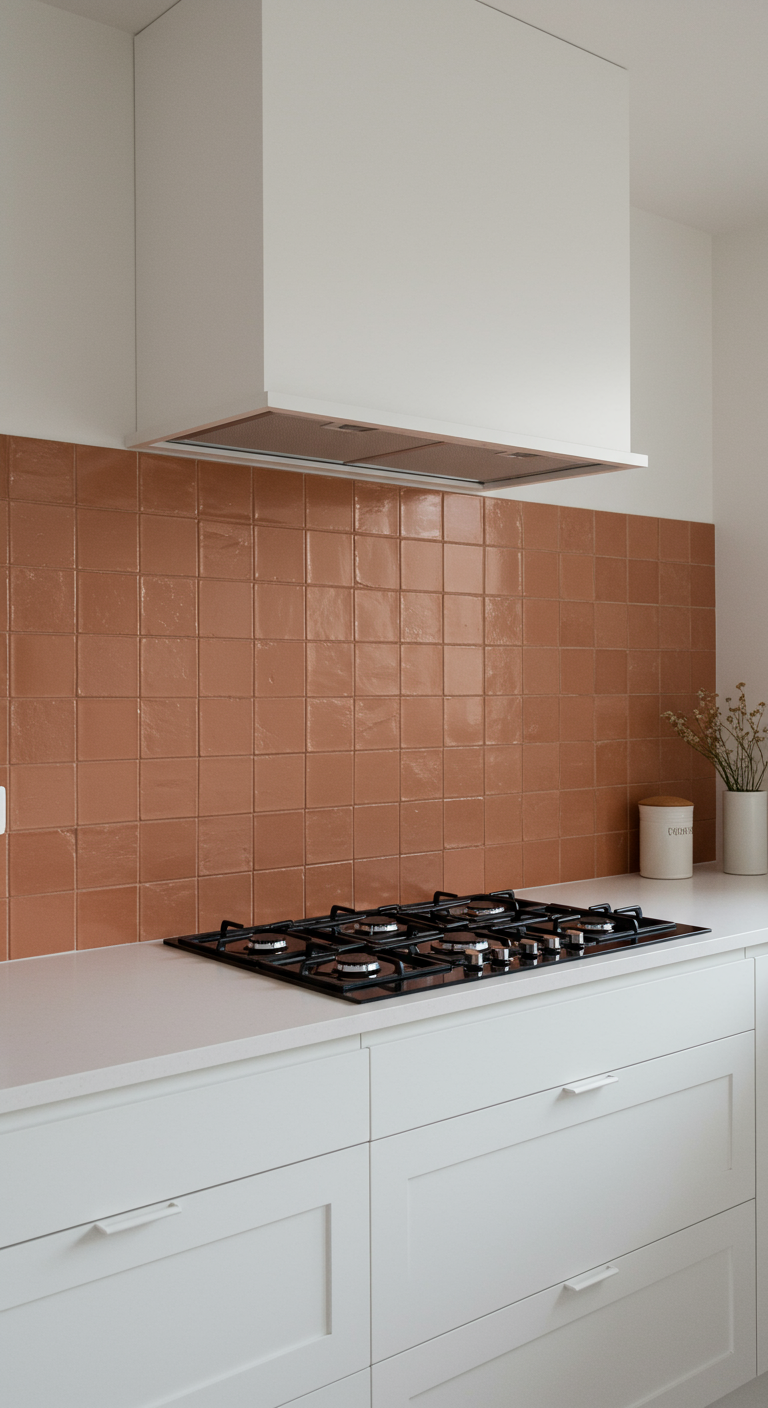 Witte minimalistische keuken met een opvallende terracotta tegel achterwand.