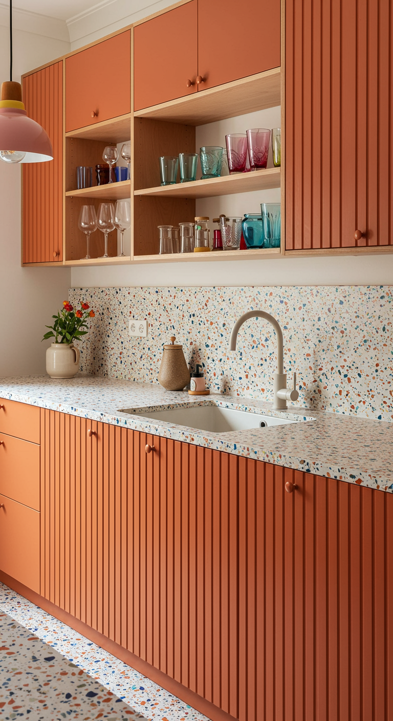 Terracotta-oranje keuken met geribbelde fronten en een terrazzo werkblad en achterwand.