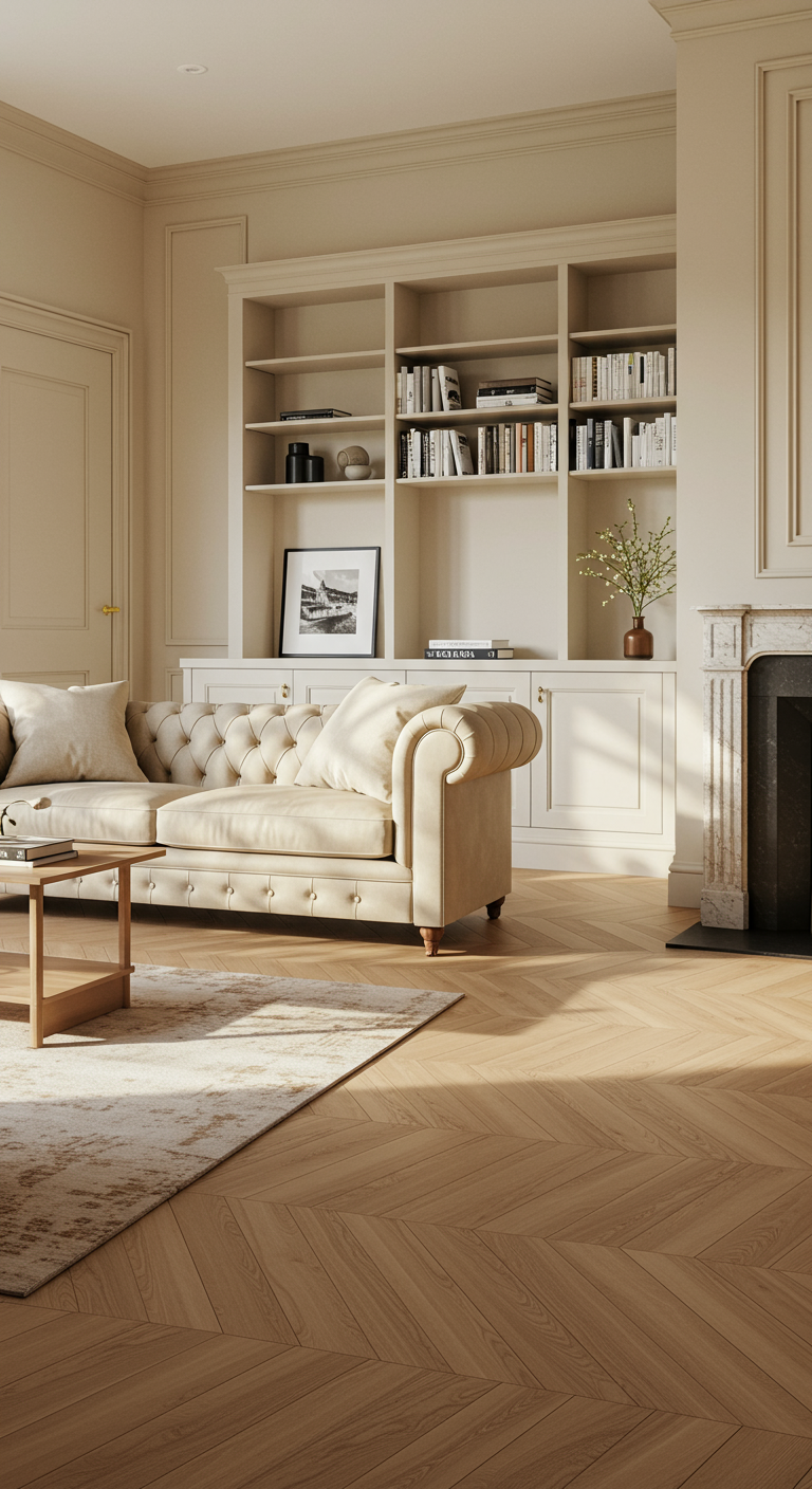 Klassiek moderne woonkamer met lichte ingebouwde boekenkast, lichte houten visgraatvloer en crèmekleurige Chesterfield.