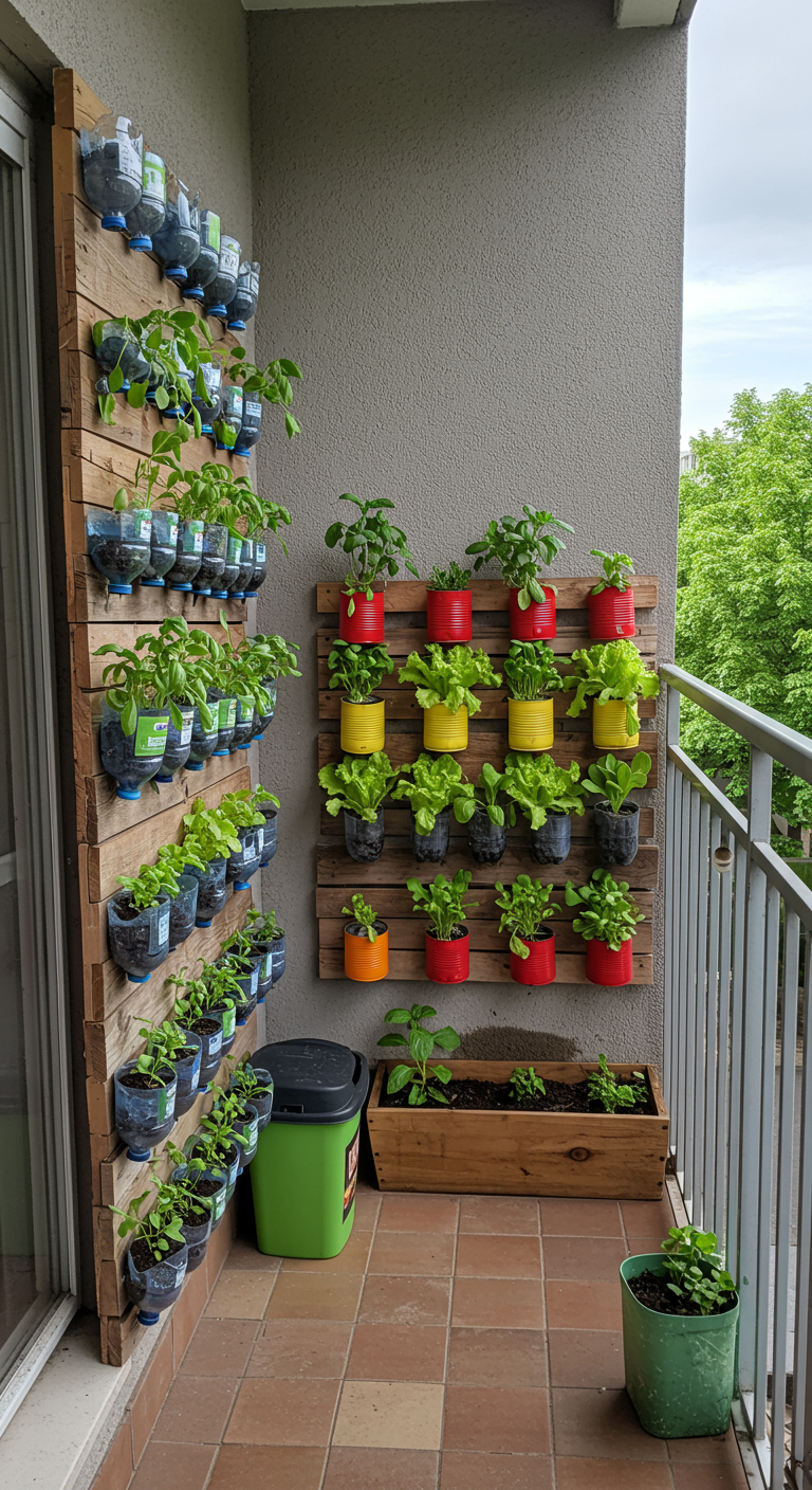Verticale tuin gemaakt van gerecyclede plastic flessen en geverfde blikken aan houten pallets.