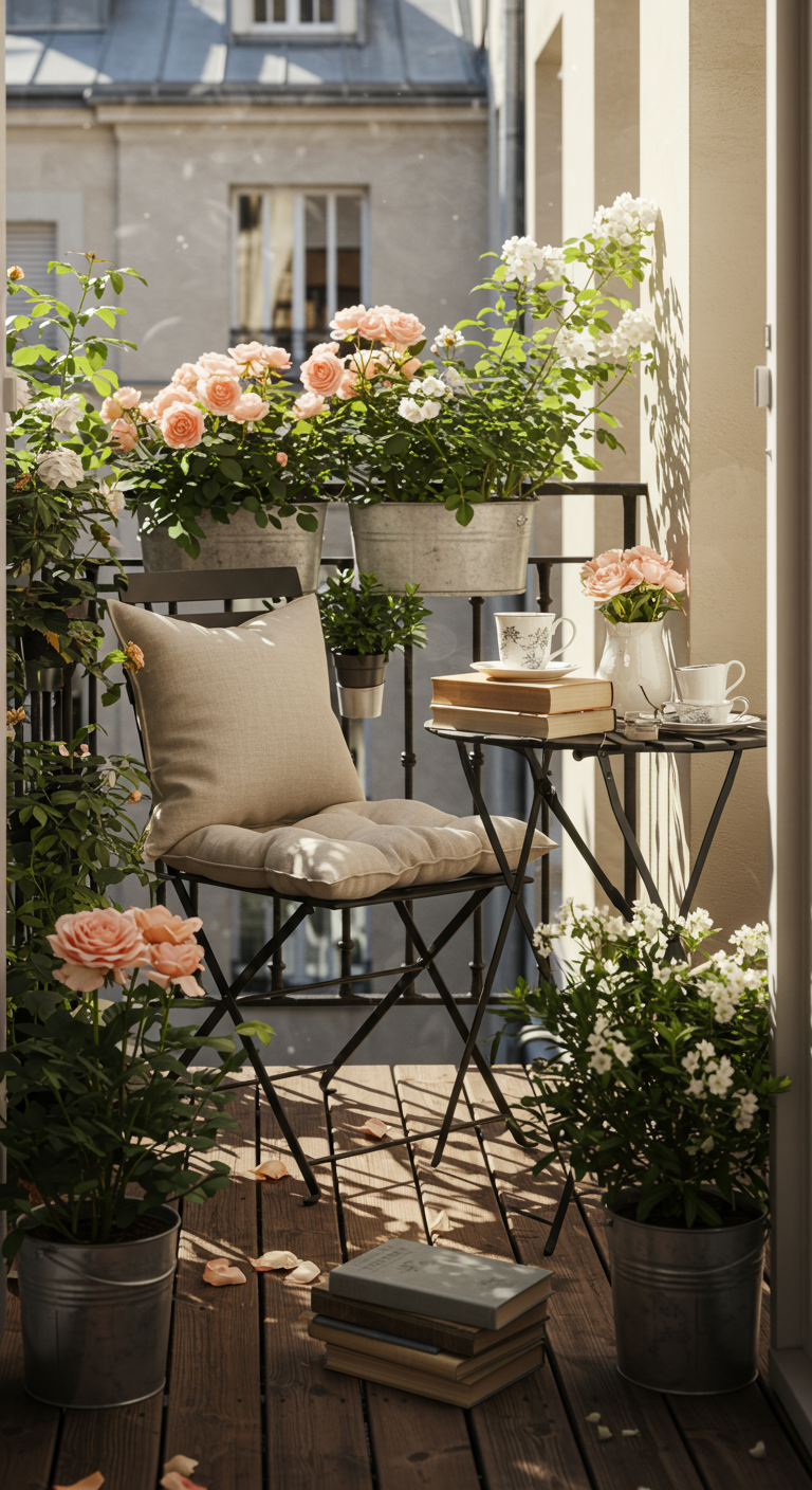 Bistroset op balkon met perzikkleurige rozen, boeken en een comfortabel kussen.