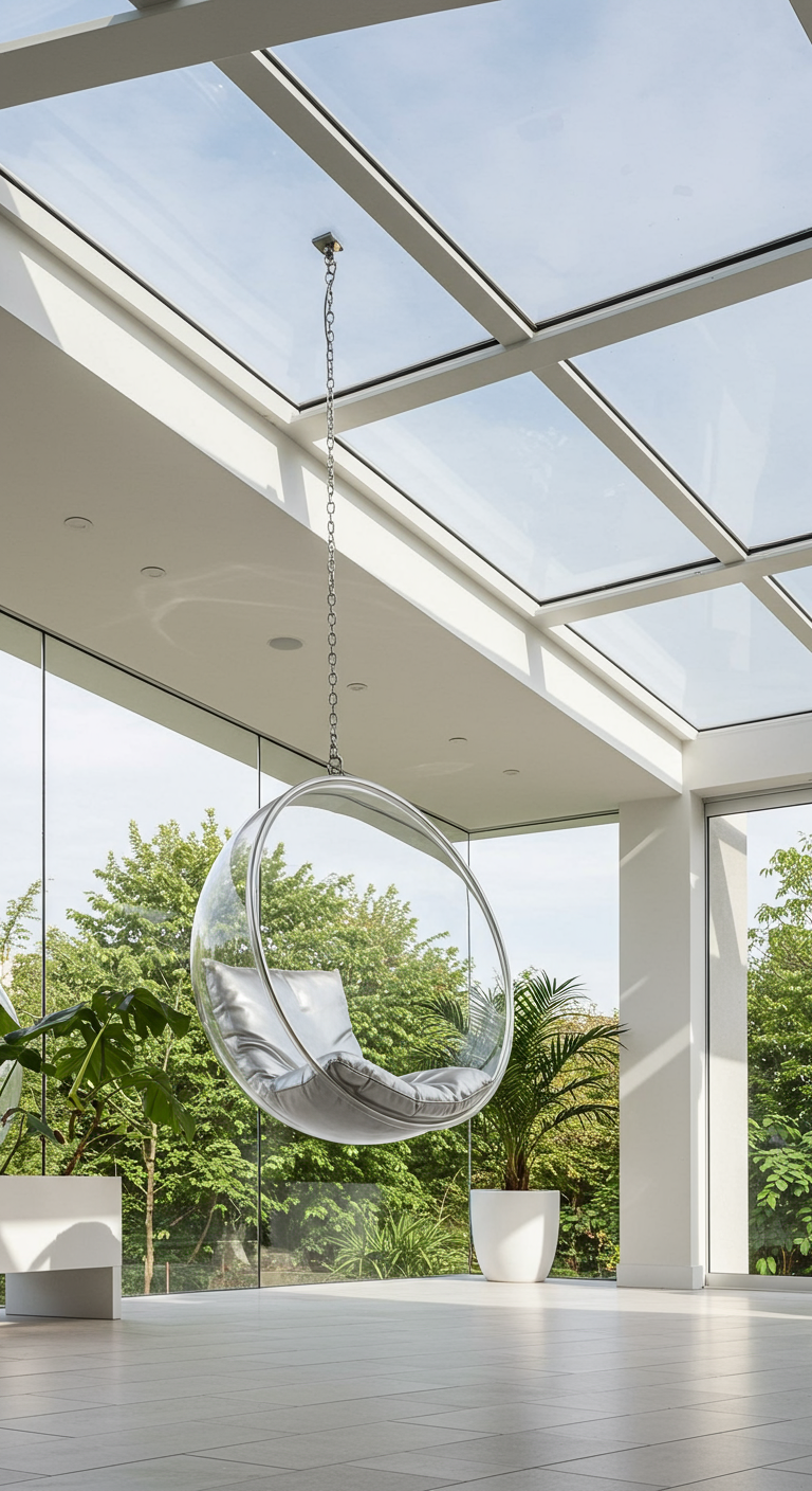Transparante bubbelstoel hangend aan het plafond in een moderne, lichte serre met glazen dak.