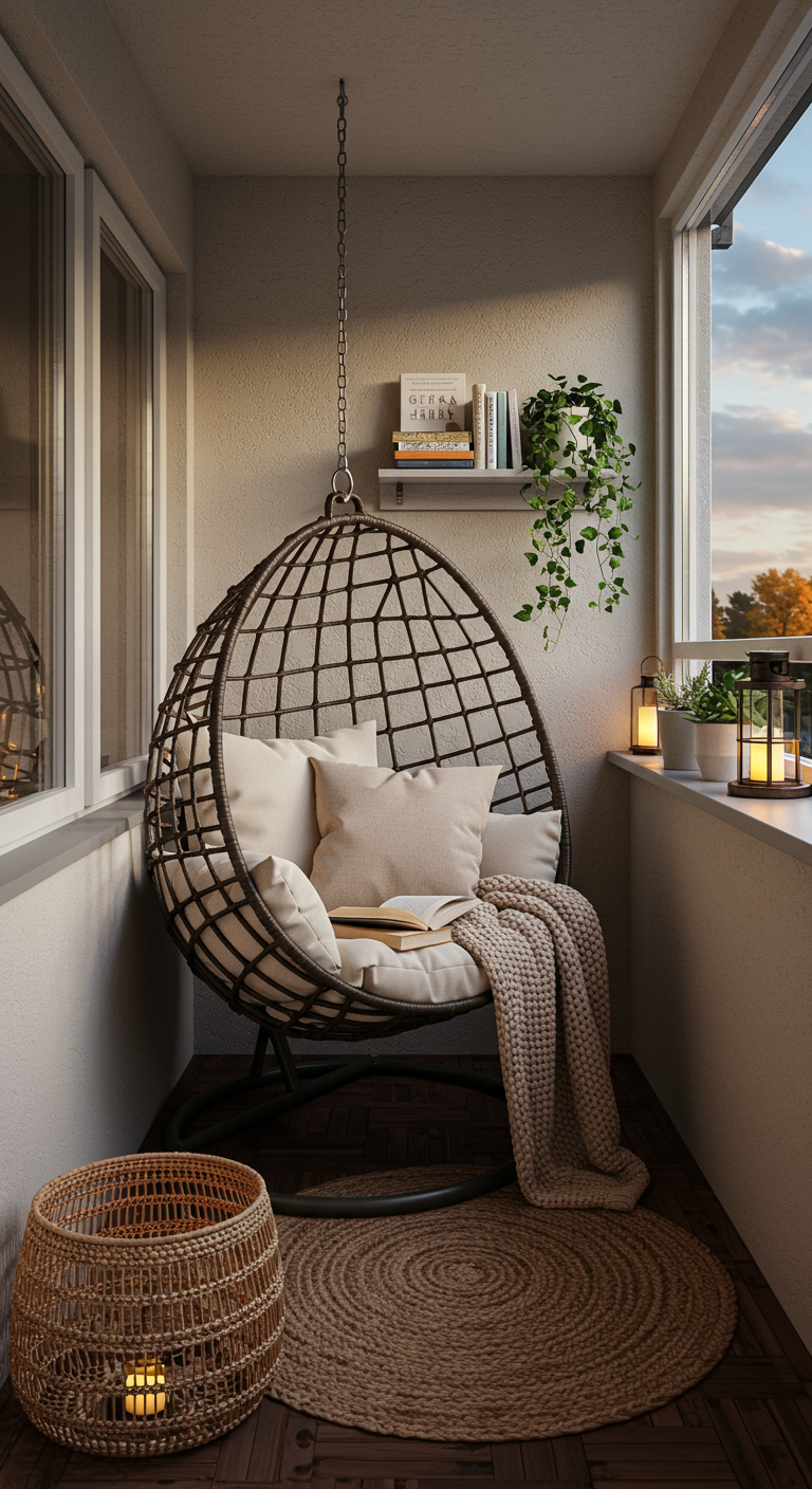 Klein balkon met rotan hangstoel, kussens, plaid, lantaarns en een boekenplankje.