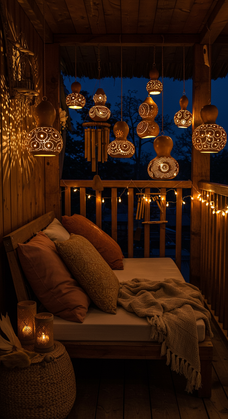 Sfeervol verlicht balkon 's avonds met een houten daybed en hangende kalebaslampen.