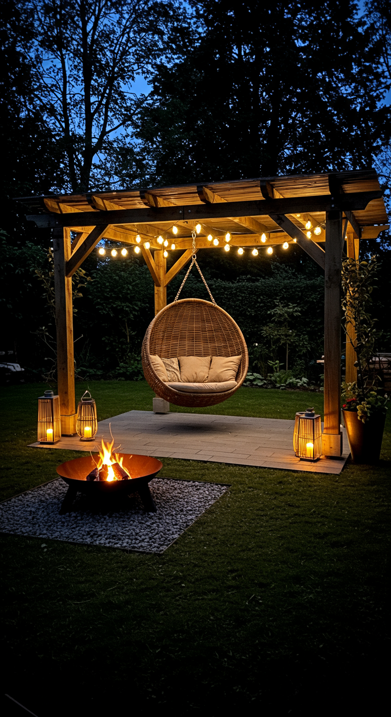 Rotan eivormige hangstoel onder een houten pergola met lichtslingers, vuurkorf en lantaarns.