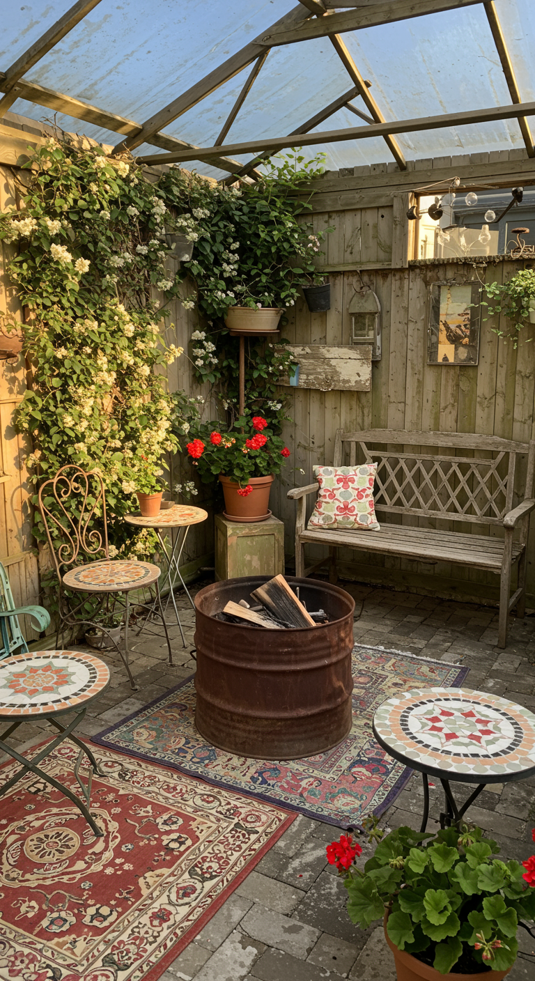 Brocante tuinhoek met vuurton, vintage meubels, kleden en klimplanten.