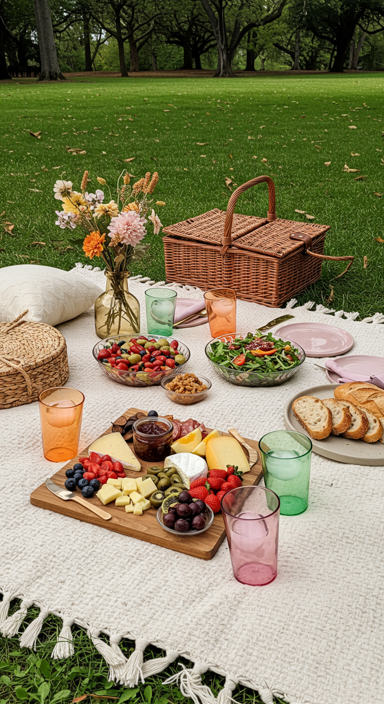 Stijlvolle picknick op een kleed met een borrelplank, salade en gekleurde glazen en borden.