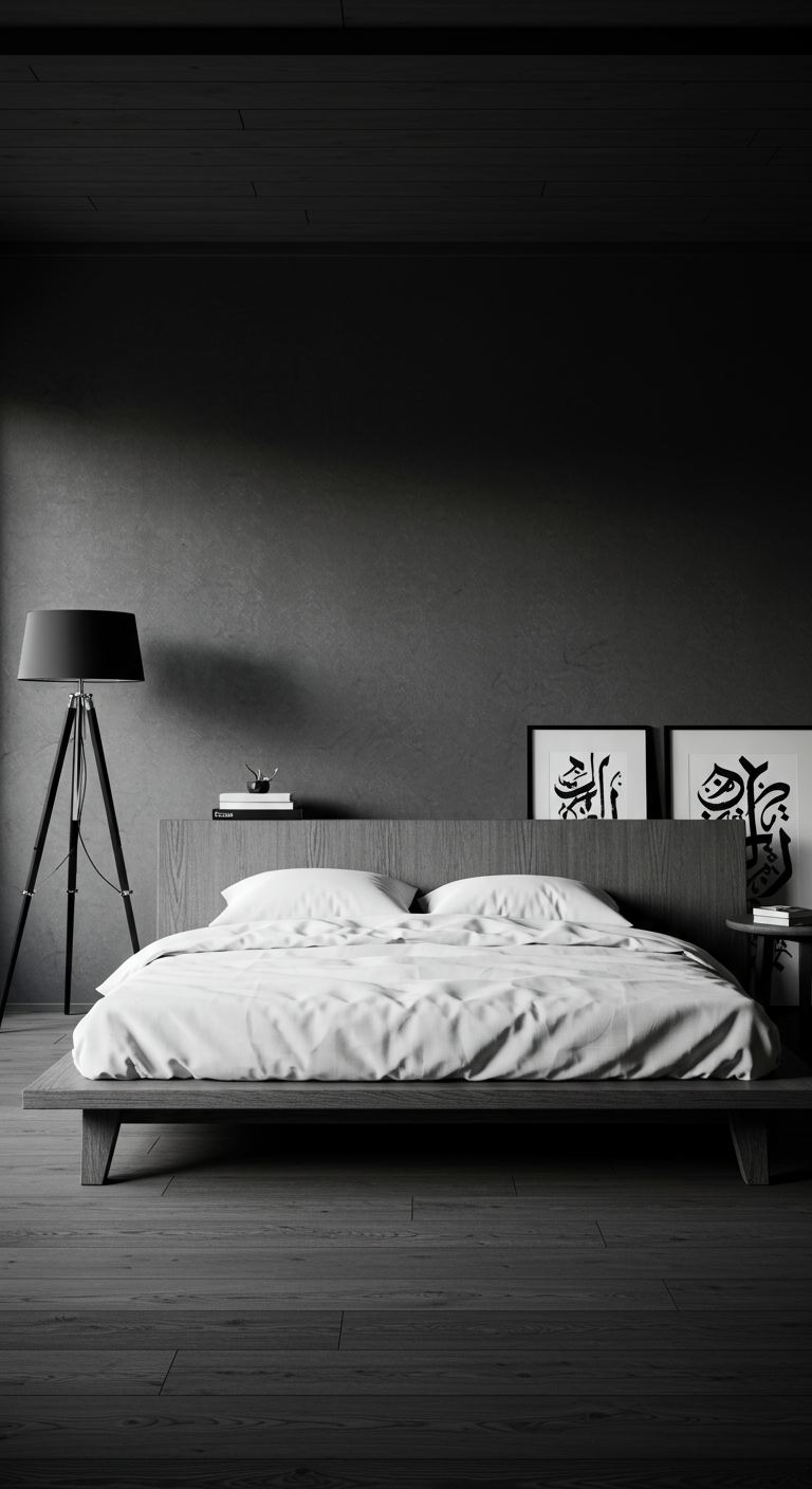 Donkere minimalistische slaapkamer met grijze muur, houten bed en moderne lamp.