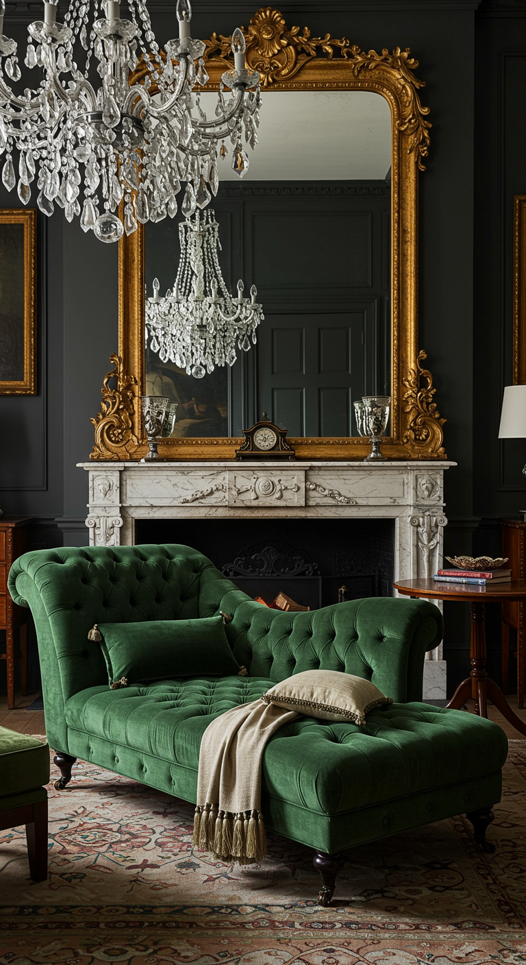 Klassieke woonkamer met een smaragdgroene fluwelen chaise longue en een grote spiegel.