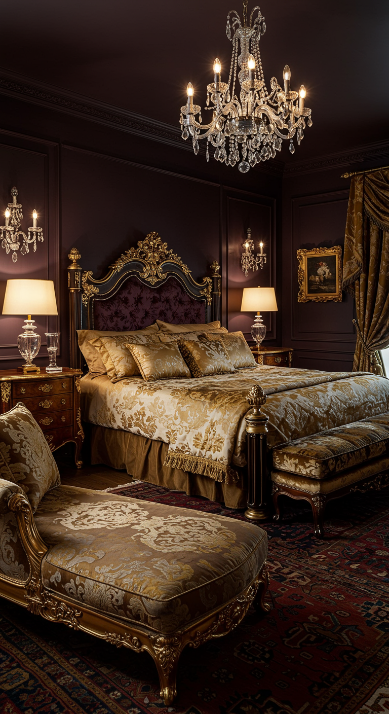 Opulente slaapkamer met aubergine muren, goud brokaat beddengoed en antieke meubels.