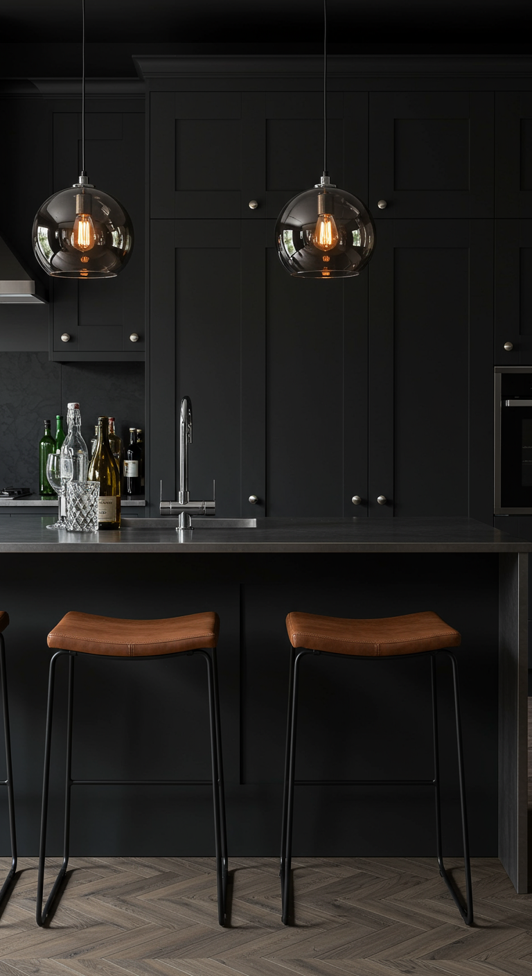 Donkere, luxe keuken met zwart kookeiland en cognackleurige leren barkrukken.