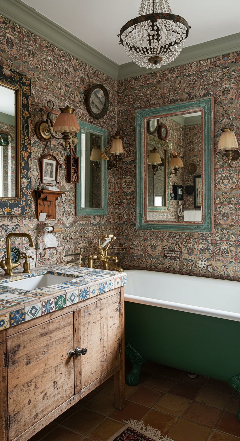 Vintage messing wastafelkraan op een houten meubel met kleurrijke tegels in een eclectische badkamer.