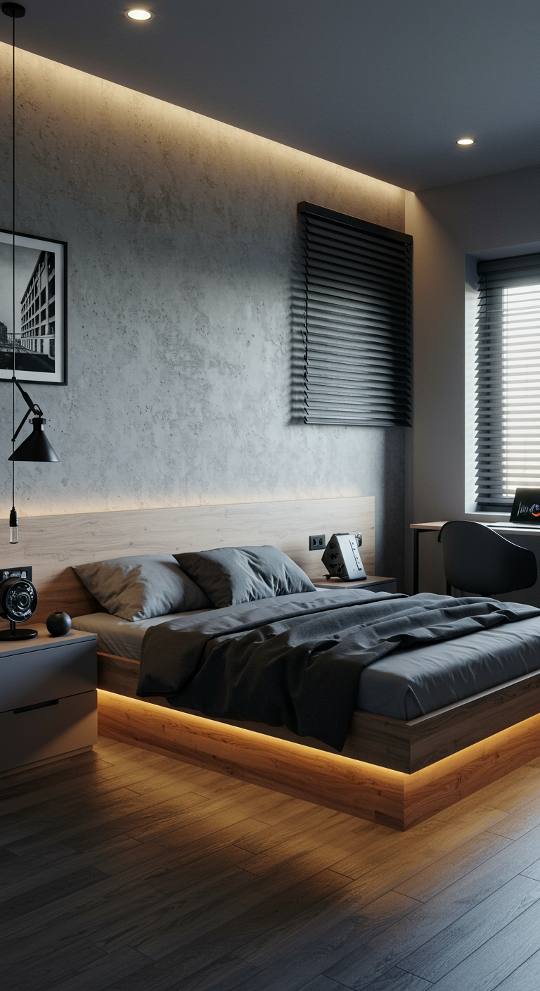 Moderne slaapkamer met betonlook muur en zwevend bed met LED-verlichting.