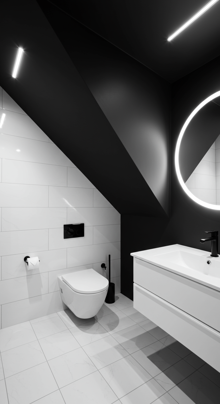 Moderne zwart-witte badkamer met scherp schuin dak en ronde LED-spiegel.