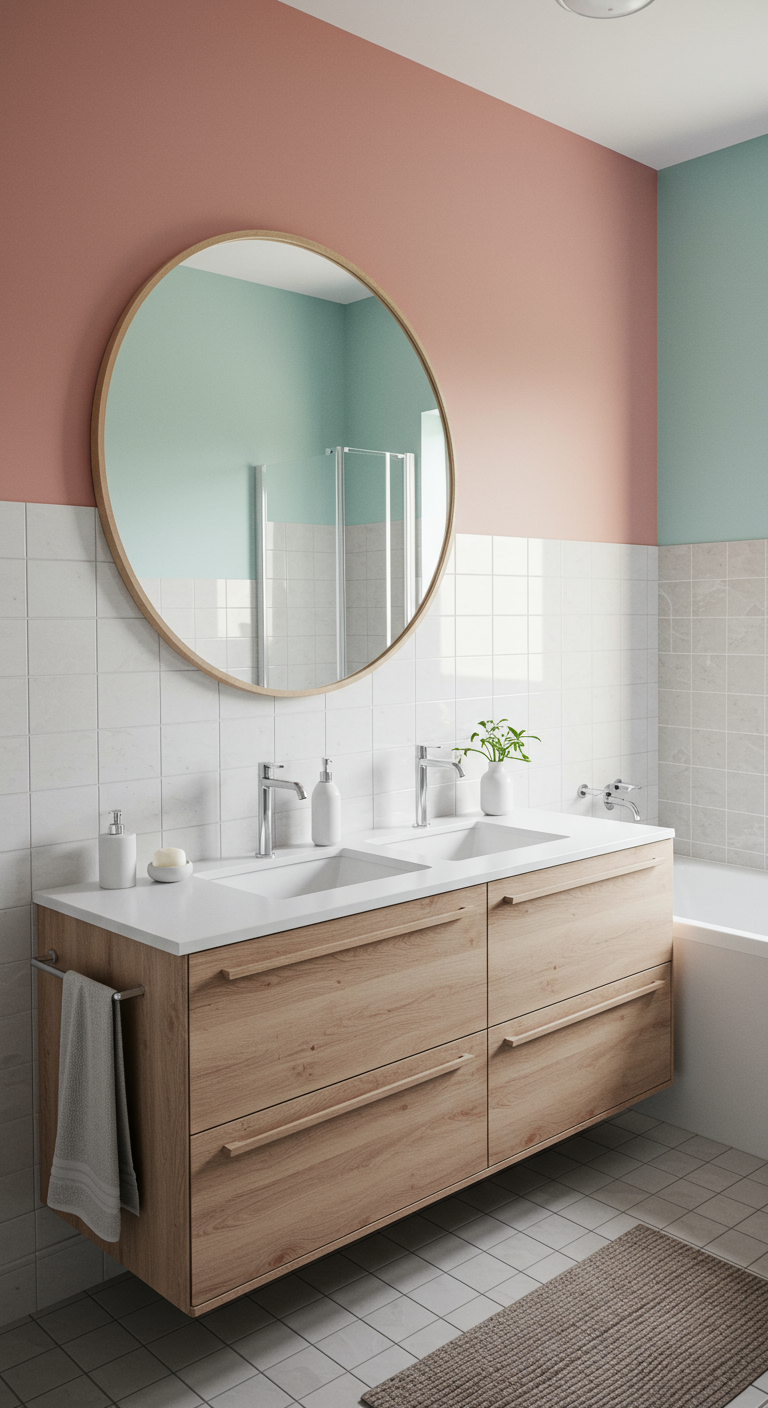 Badkamer met roze en mintgroene kleurblokken en een grote ronde spiegel met houten rand.