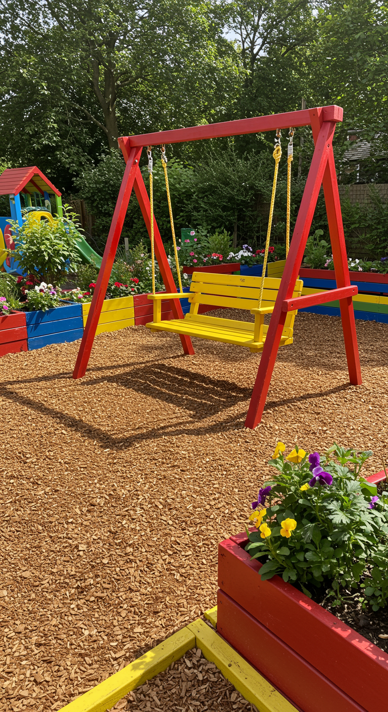 Felgekleurde rode en gele houten schommel in kindvriendelijke tuin.