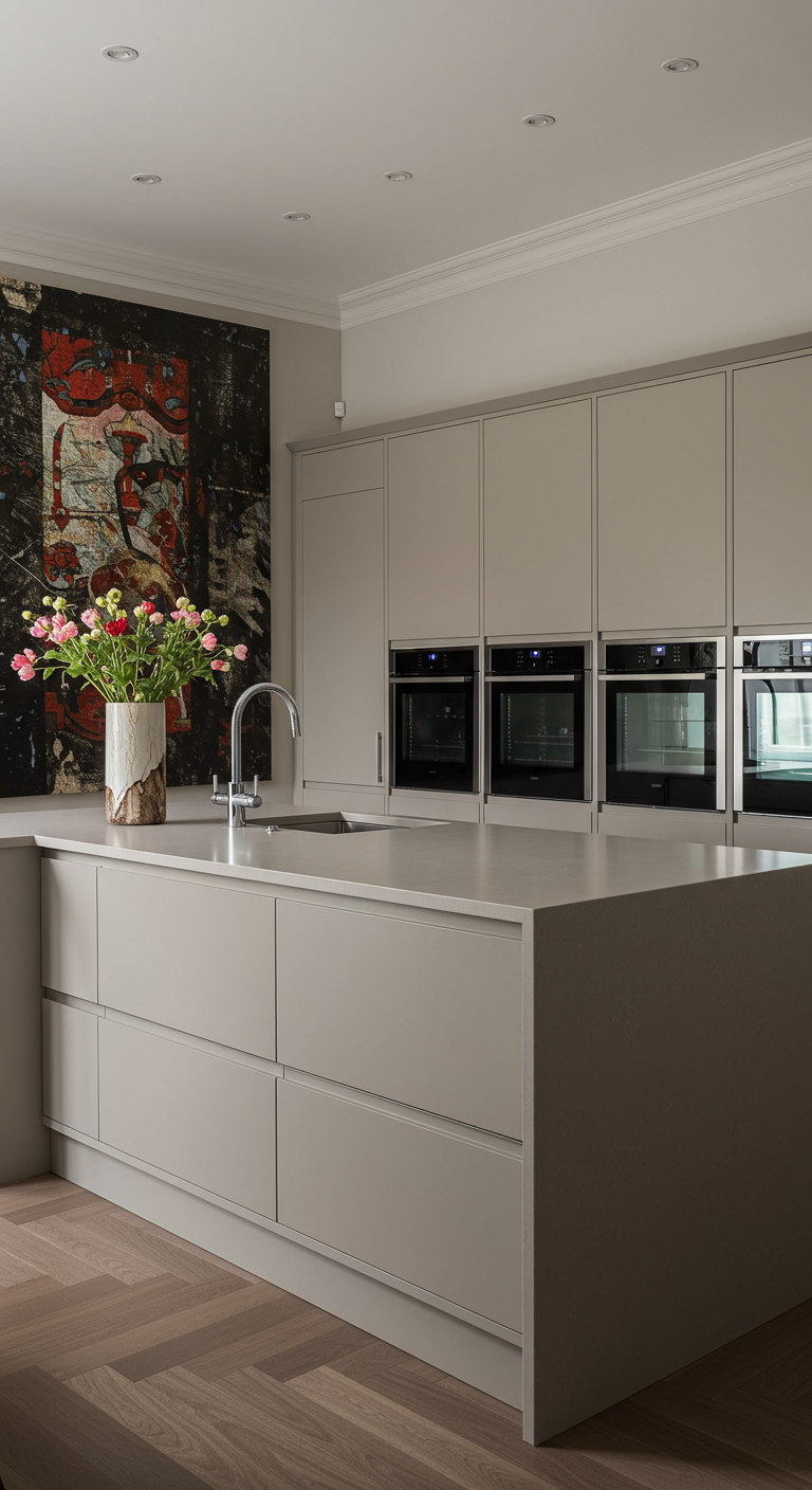 Beige-grijze keuken met groot abstract kunstwerk en vaas met roze bloemen.