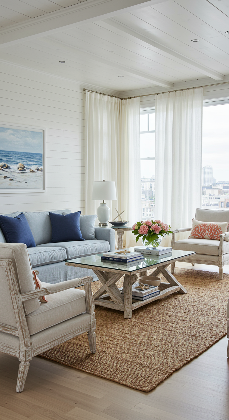 Lichte coastal-stijl woonkamer met witte lambrisering, lichtblauwe bank en jute kleed.