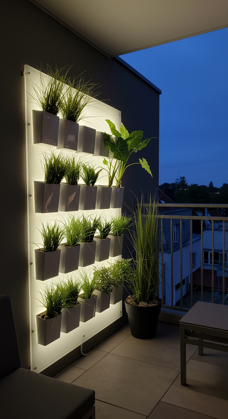 Moderne verticale plantenwand met ingebouwde verlichting die grassen en planten sfeervol uitlicht.