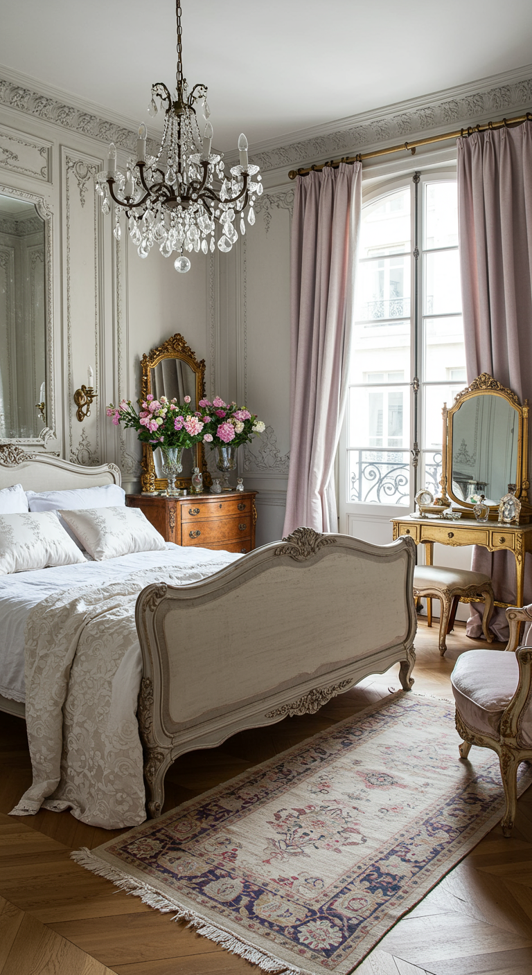 Elegante Parijse slaapkamer met klassiek bed, ornamenten en hoge ramen.