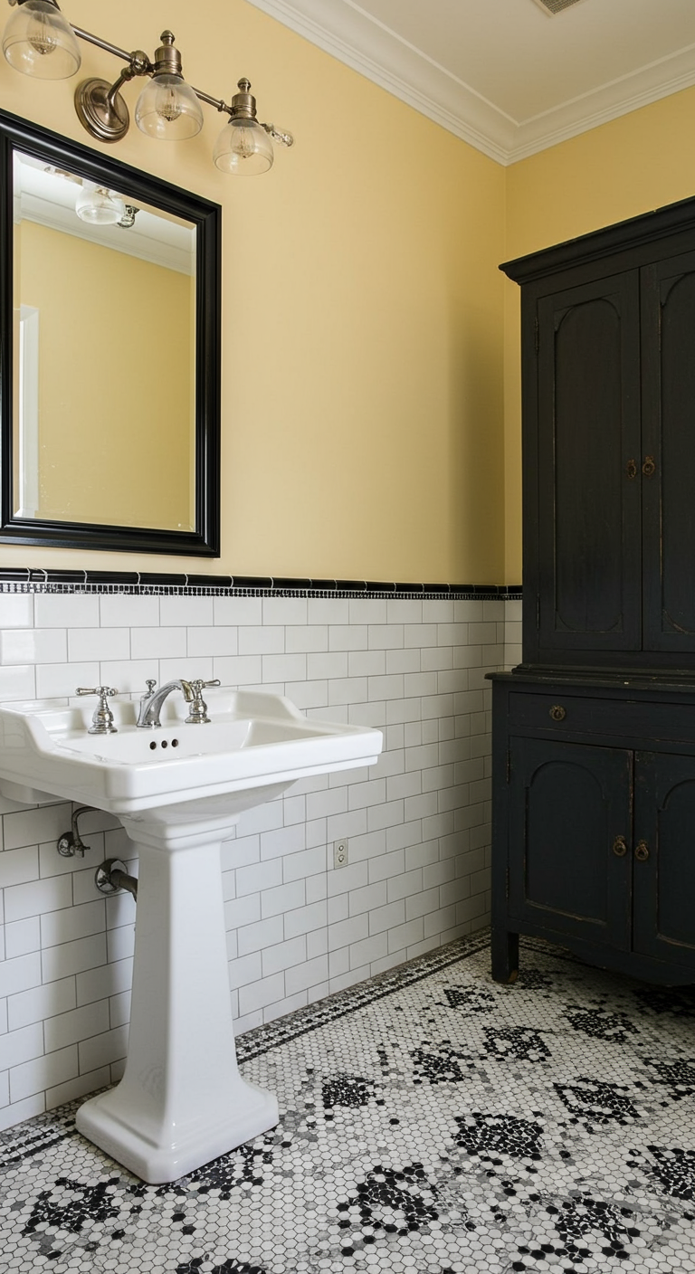 Badkamer met gele muur, witte metrotegels, zwart-wit mozaïekvloer en zwarte vintage kast.
