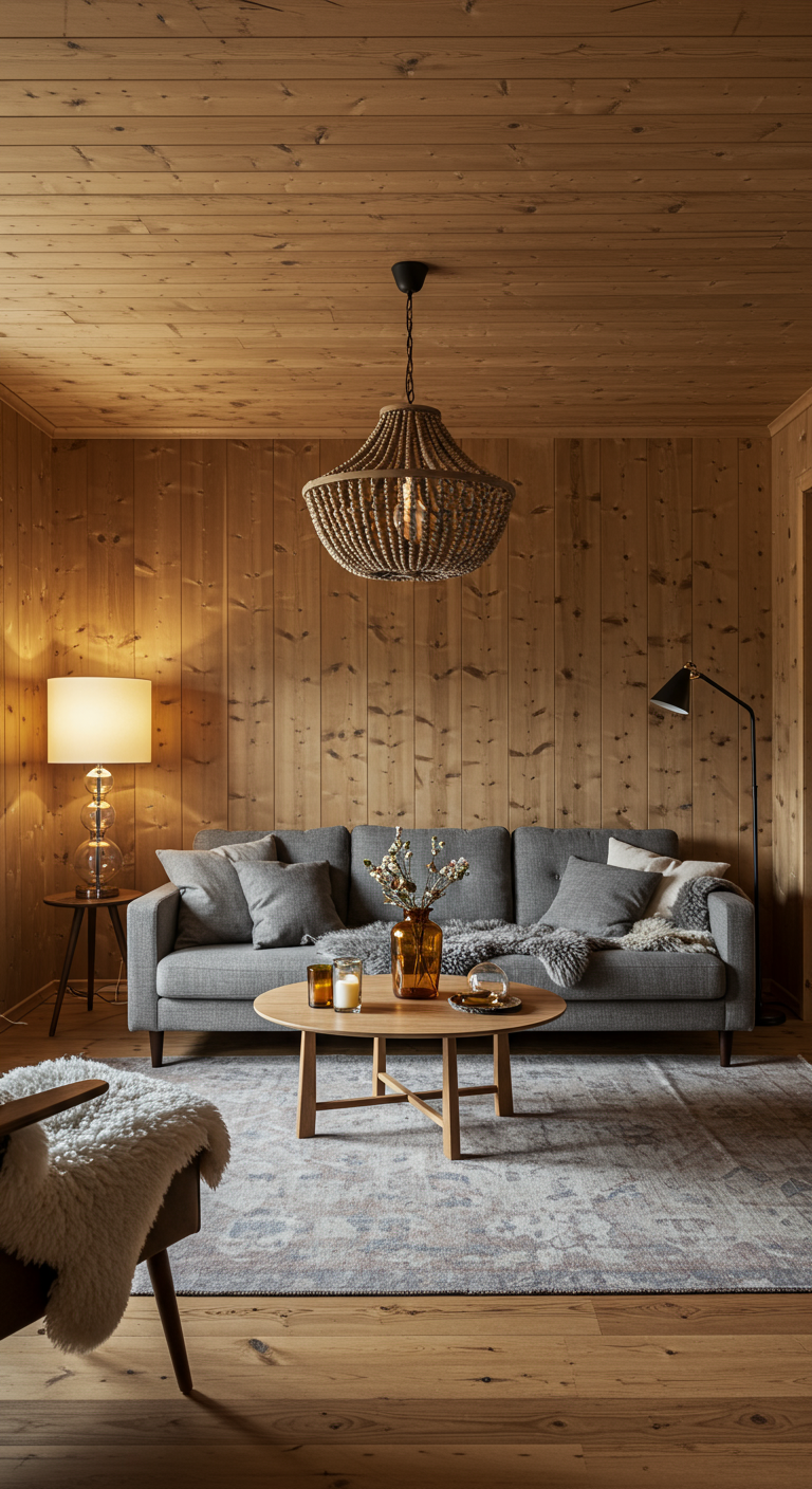 Scandinavische woonkamer met houten wanden, grijze bank en veel textiel.