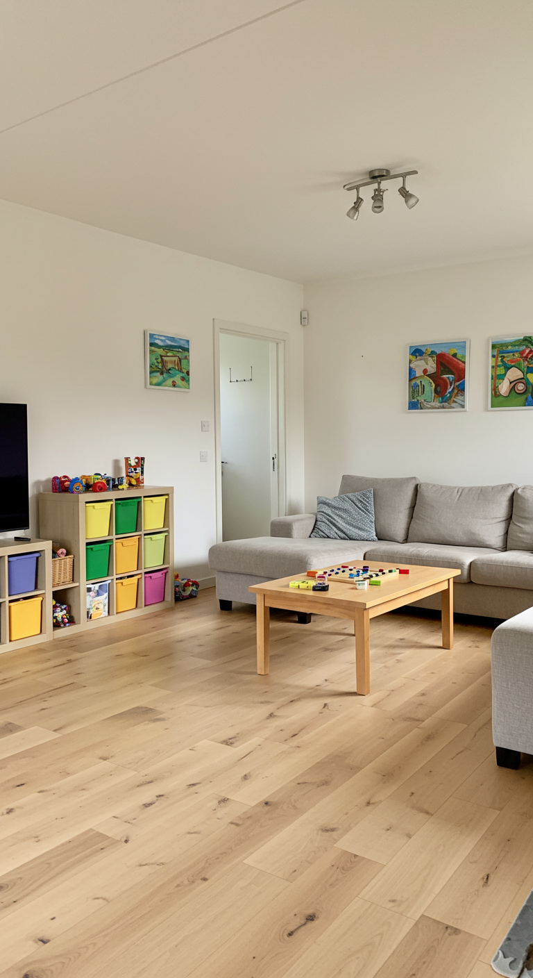 Kindvriendelijke woonkamer met lichte houten vloer, lichte houten speelgoedopberger met gekleurde bakken.
