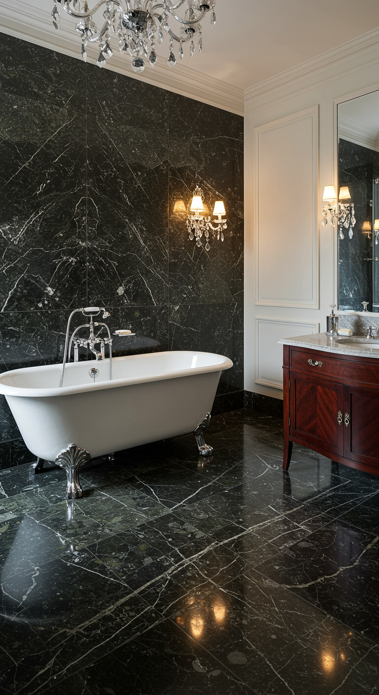 Klassieke badkamer met donkergroen marmer, een vrijstaand bad en een kristallen kroonluchter.