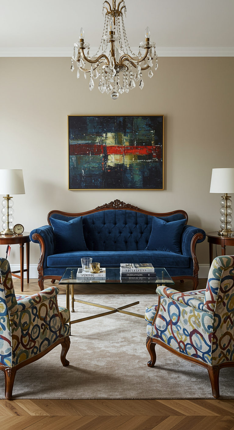 Woonkamer met donkerblauwe fluwelen bank, abstract schilderij en glazen salontafel.