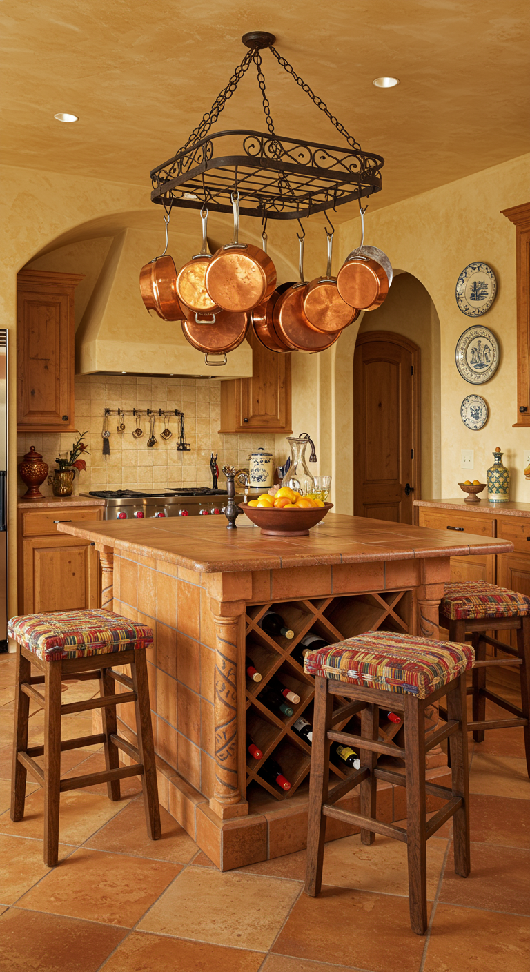 Toscaans kookeiland met terracotta tegels, houten blad, wijnrek en koperen pannenrek.