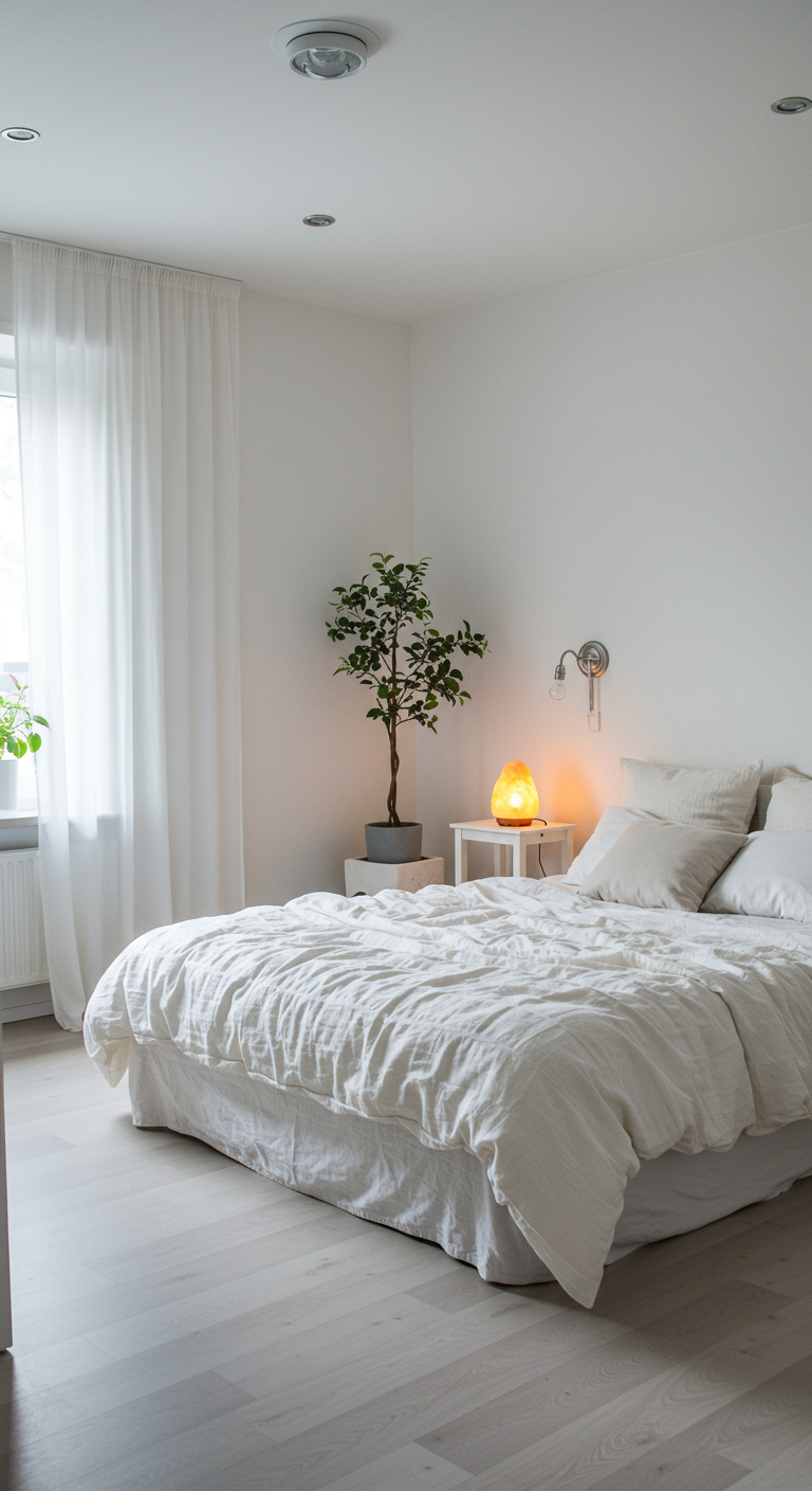Lichte witte slaapkamer met zoutlamp op nachtkastje en veel natuurlijk licht.